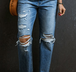 Distressed Raw Hem Jeans with Pockets