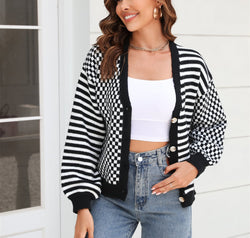 Button-Down Stripe & Plaid Contrast Pattern Cardigan