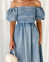 Off-Shoulder Balloon Sleeve Denim Dress