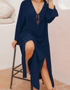 Plus Size Tie Neck Long Sleeve Slit Dress