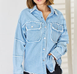 PEACE Raw Hem Dropped Shoulder Denim Top