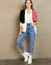 Woven Right Color Block Cable-Knit Batwing Sleeve Cardigan