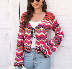 Striped Openwork Tied Cardigan