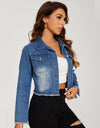 Collared Neck Raw Hem Denim Jacket