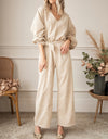 V-Neck Tie Waist Wide Leg Jumpsuit