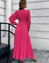 V-Neck Tie Waist Pleated Maxi Dress