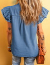 Raw Hem Button Up Cap Sleeve Denim Top