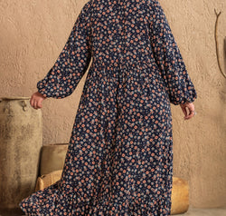 Plus Size Printed V-Neck Balloon Sleeve Dress