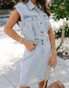 Distressed Half Button Sleeveless Denim Dress