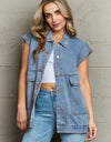 Collared Neck Sleeveless Denim Top with Pockets