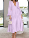 Deep V-Neck Balloon Sleeve Plain Maxi Dress