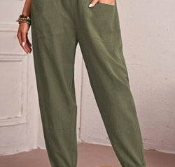 Elastic Waist Pocket Tapered Pants