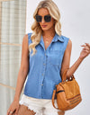 Pocketed Button Up Sleeveless Denim Top