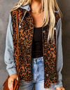 Leopard Distressed Drawstring Hooded Denim Jacket