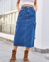 Slit Midi Denim Skirt with Pockets