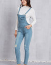 Distressed Washed Denim Overalls with Pockets