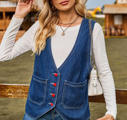 Pocketed Button Up Sleeveless Denim Jacket