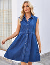 Button Up Collared Neck Sleeveless Denim Dress