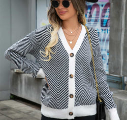 Striped V-Neck Dropped Shoulder Button-Up Cardigan
