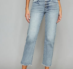 Kancan High Waist Button Fly Raw Hem Cropped Straight Jeans