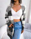 Striped Rib-Knit Open Front Longline Cardigan