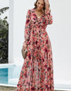 Floral Frill Trim Flounce Sleeve Plunge Maxi Dress