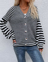 Striped V-Neck Button-Down Cardigan