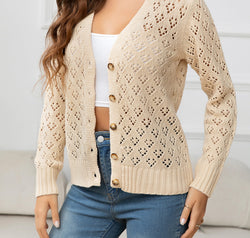 Openwork V-Neck Buttoned Knit Top