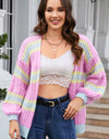 Striped Lantern Sleeve Dropped Shoulder Cardigan