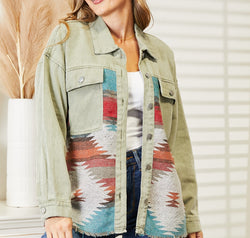 Dropped Shoulder Long Sleeve Printed Denim Jacket