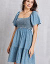 Smocked Square Neck Mini Denim Dress