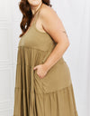 Zenana Full Size Spaghetti Strap Tiered Dress with Pockets in Khaki