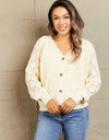 Woven Right Button Front Ribbed Lantern Sleeve Cardigan