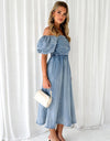 Off-Shoulder Balloon Sleeve Denim Dress