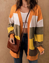 Color Block Lantern Sleeve Open Front Cardigan with Pockets