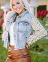 Leopard Button Up Raw Hem Denim Jacket