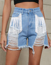 Fringe Trim Distressed Denim Shorts with Pockets