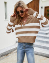 Striped Collared Neck Drop Shoulder Knit Top