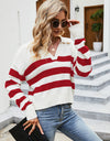 Striped Collared Neck Drop Shoulder Knit Top