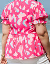 Plus Size Ruffled Printed Notched Short Sleeve Blouse