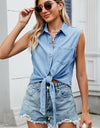 Collared Neck Sleeveless Denim Top