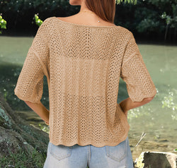 Openwork Round Neck Half Sleeve Knit Top