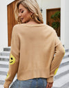 Smiley Face Ribbed Trim V-Neck Cardigan