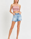 RISEN High Rise Distressed Hem Denim Shorts