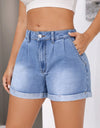 Rolled Hem Mid-Rise Waist Denim Shorts