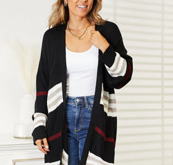 Striped Rib-Knit Drop Shoulder Open Front Cardigan