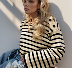 Perfee Striped Round Neck Long Sleeve Knit Top
