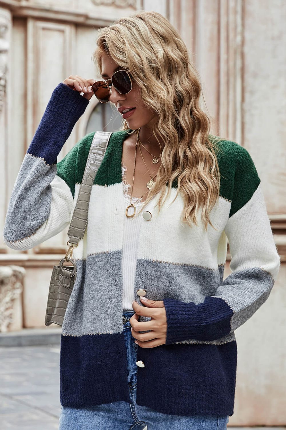 Woven Right Color Block V-Neck Button Down Cardigan