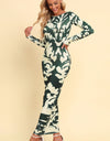 Printed Backless Long Sleeve Maxi Dress