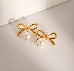 Stainless Steel Bow Pearl Earrings